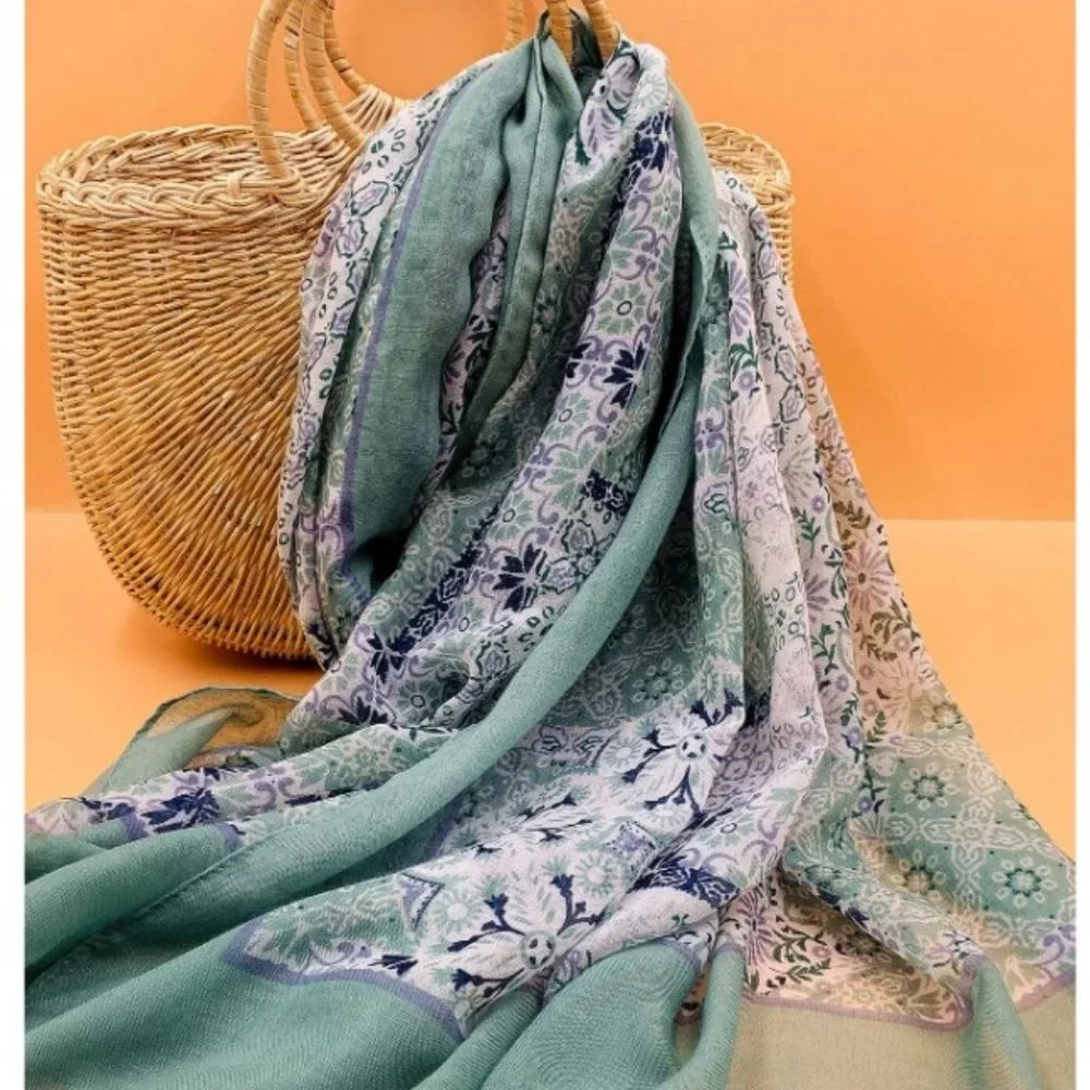 Boho Green Floral Scarf Women Lightweight Soft Shawl Wrap Long Polyester
